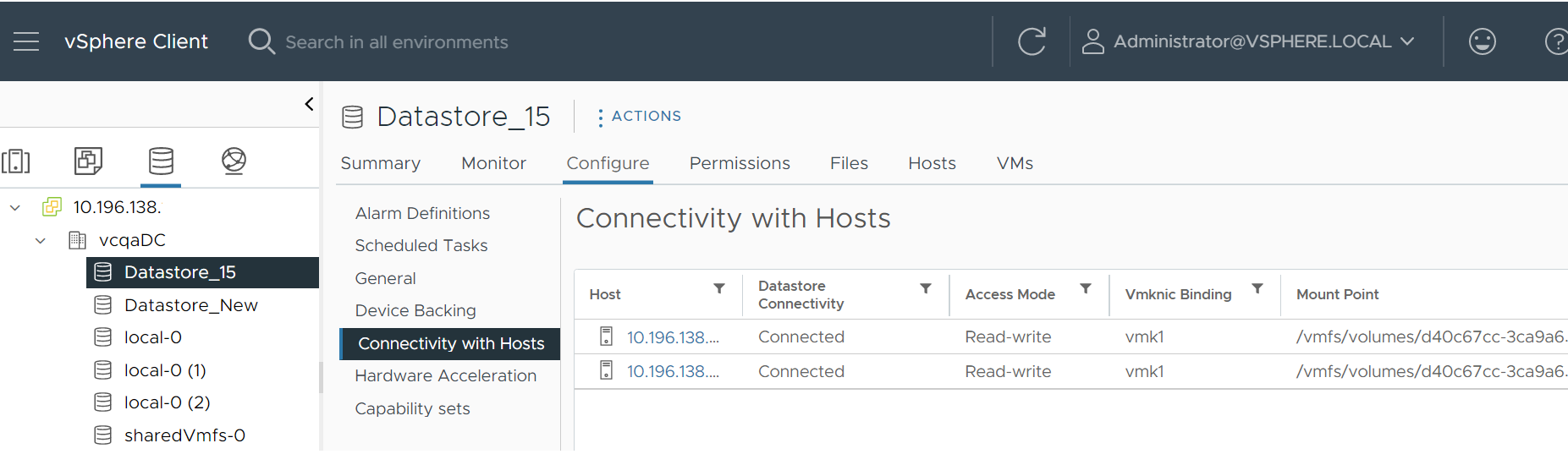 The illustration shows all the VMkernel adapters connected to the NFS 3 datastore with VMkernel binding.