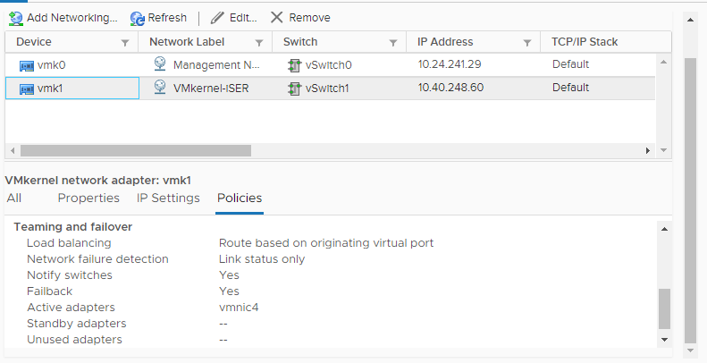 The screenshot shows the vmnic4 physical network adapter on the Policies tab. The adapter appears as an active adapter.