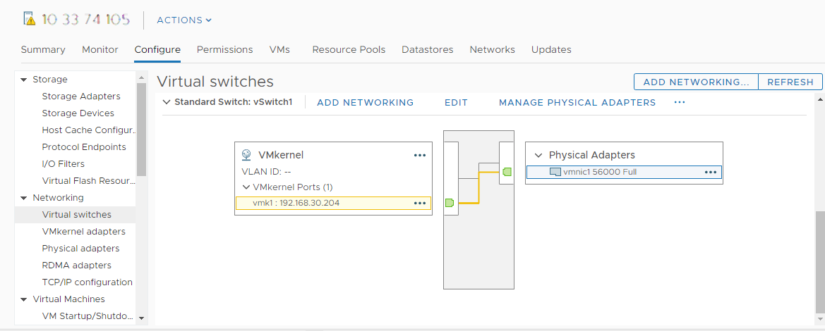 The illustration displays the configuration of physical network adapter and VMkernel adapter with a vSphere standard switch.