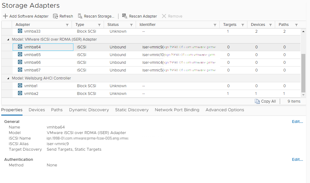 The screenshot shows a list of storage adapters and vmhba64 that appears on the list under the VMware iSCSI over RDMA (iSER) Adapter category.