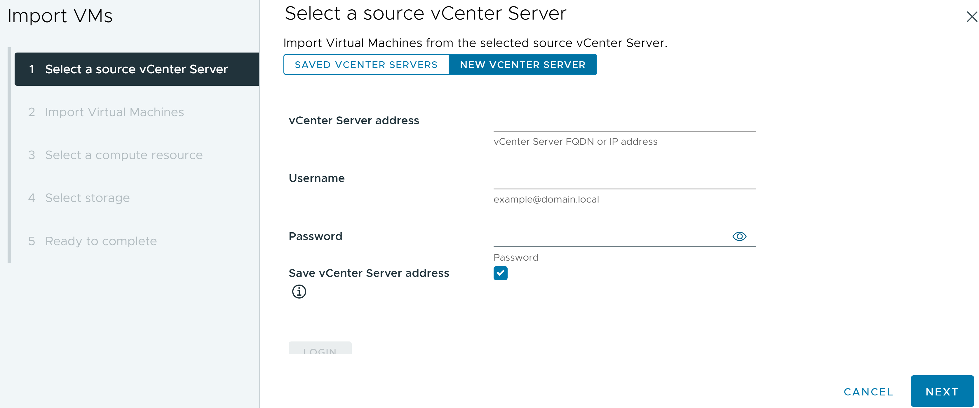 The Import VMs wizard tab where you enter the source vCenter Server instance credentials.