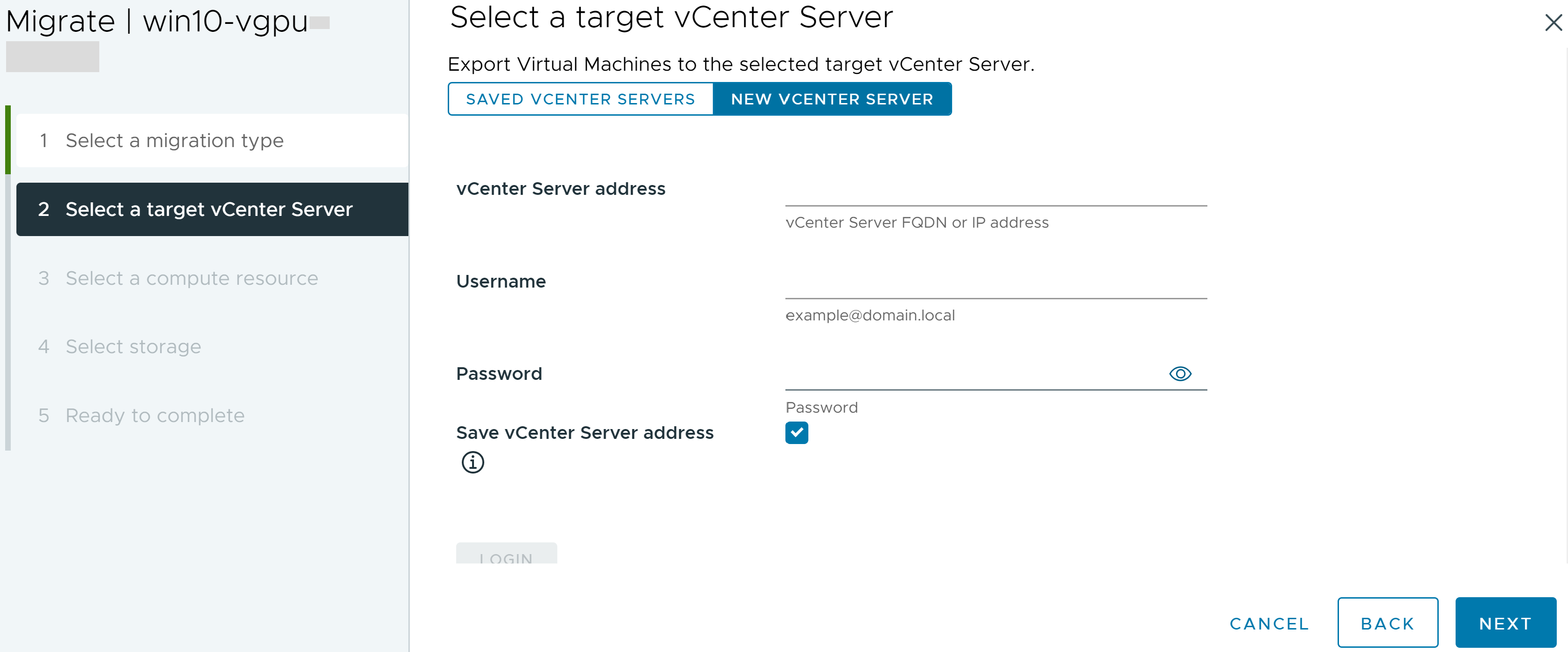 The migration wizard tab where you enter the target vCenter Server instance credentials.