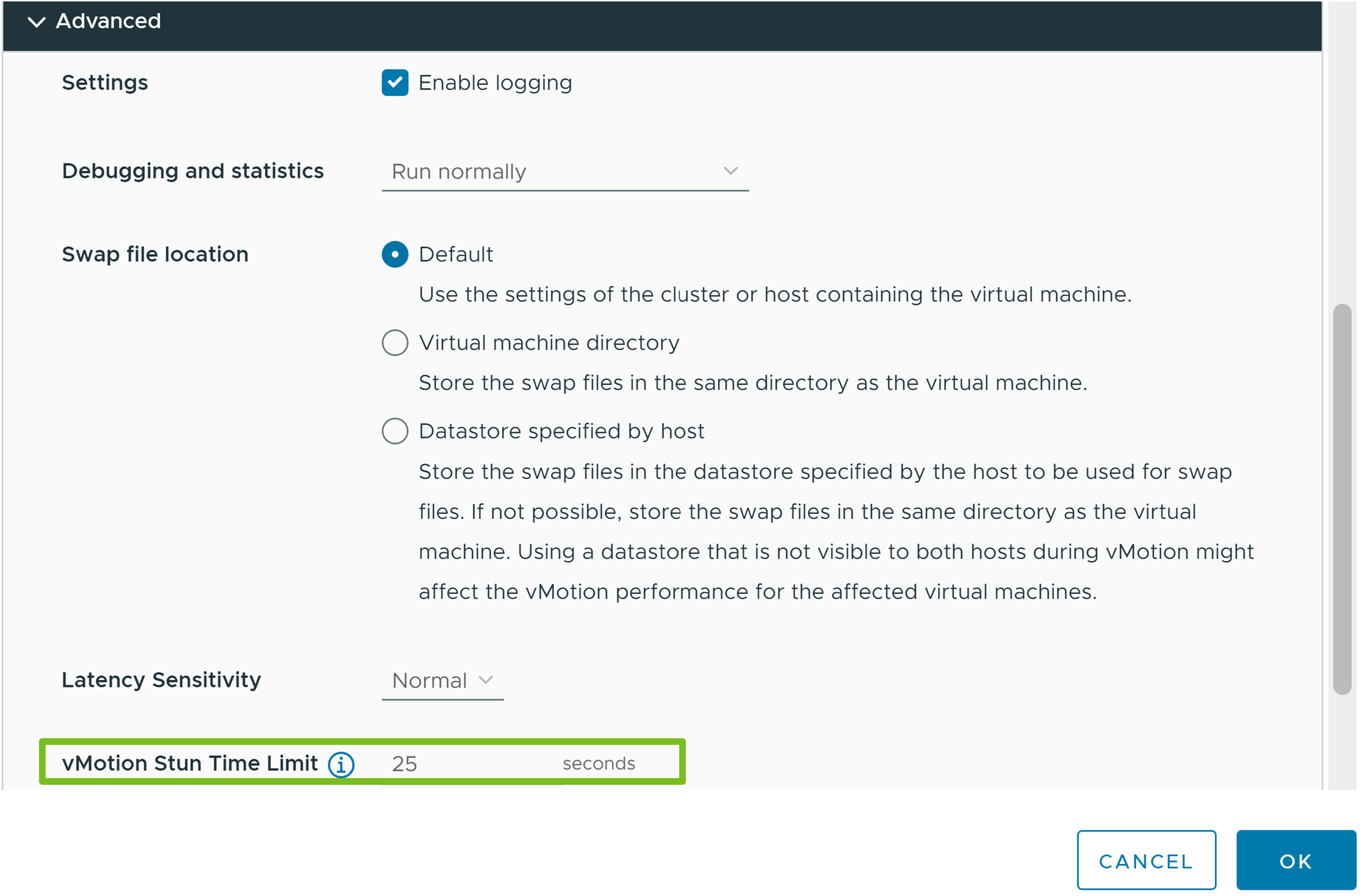 The expanded Advanced settings with the vMotion Stun Time input field highlighted.