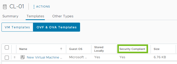 Security Compliant status that displays the status of content library items if the OVF default policy is applied