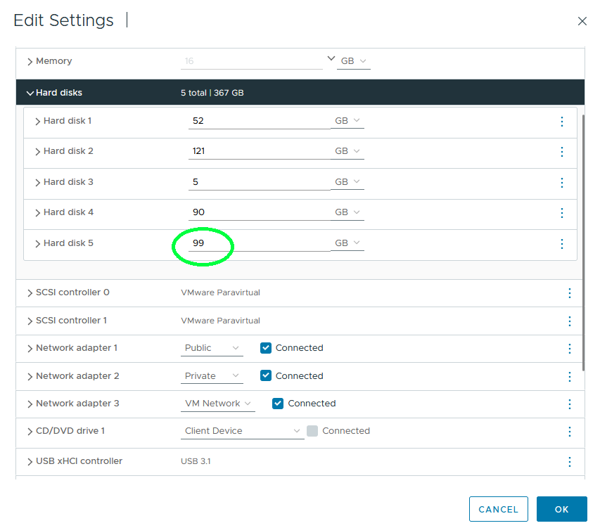 Edit settings shows the existing size of the vVol disk.