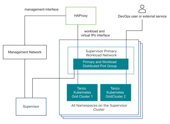 The diagram shows a Supervisor having one distributed port group serving for workload and management traffic.