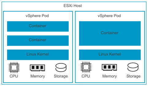 ESXi host containing two vSphere Pod boxes. Each vSphere Pod has containers running inside of it, a Linux kernel, memory, CPU, and storage resources.