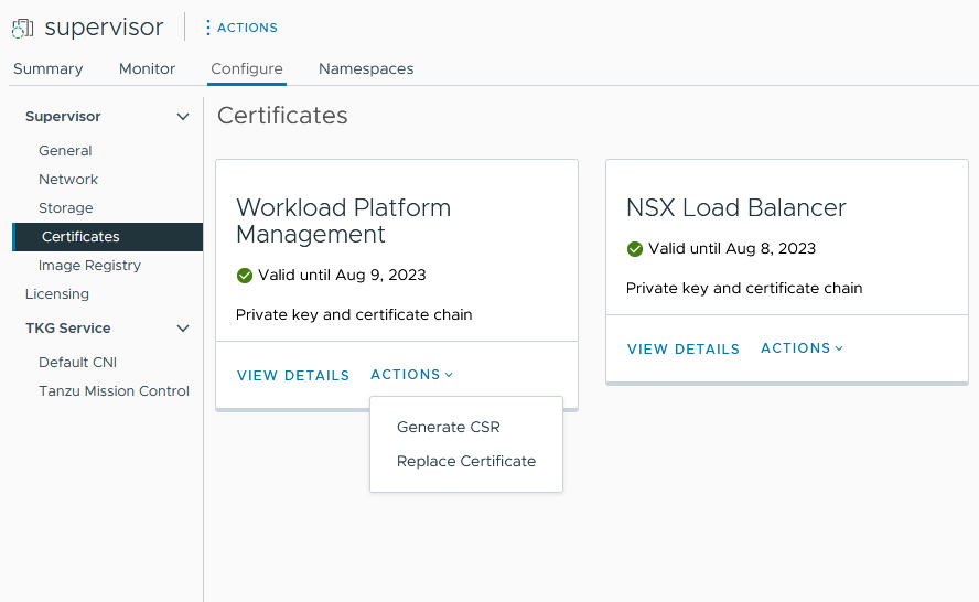 The Configure certificates tab displays the default certificates.