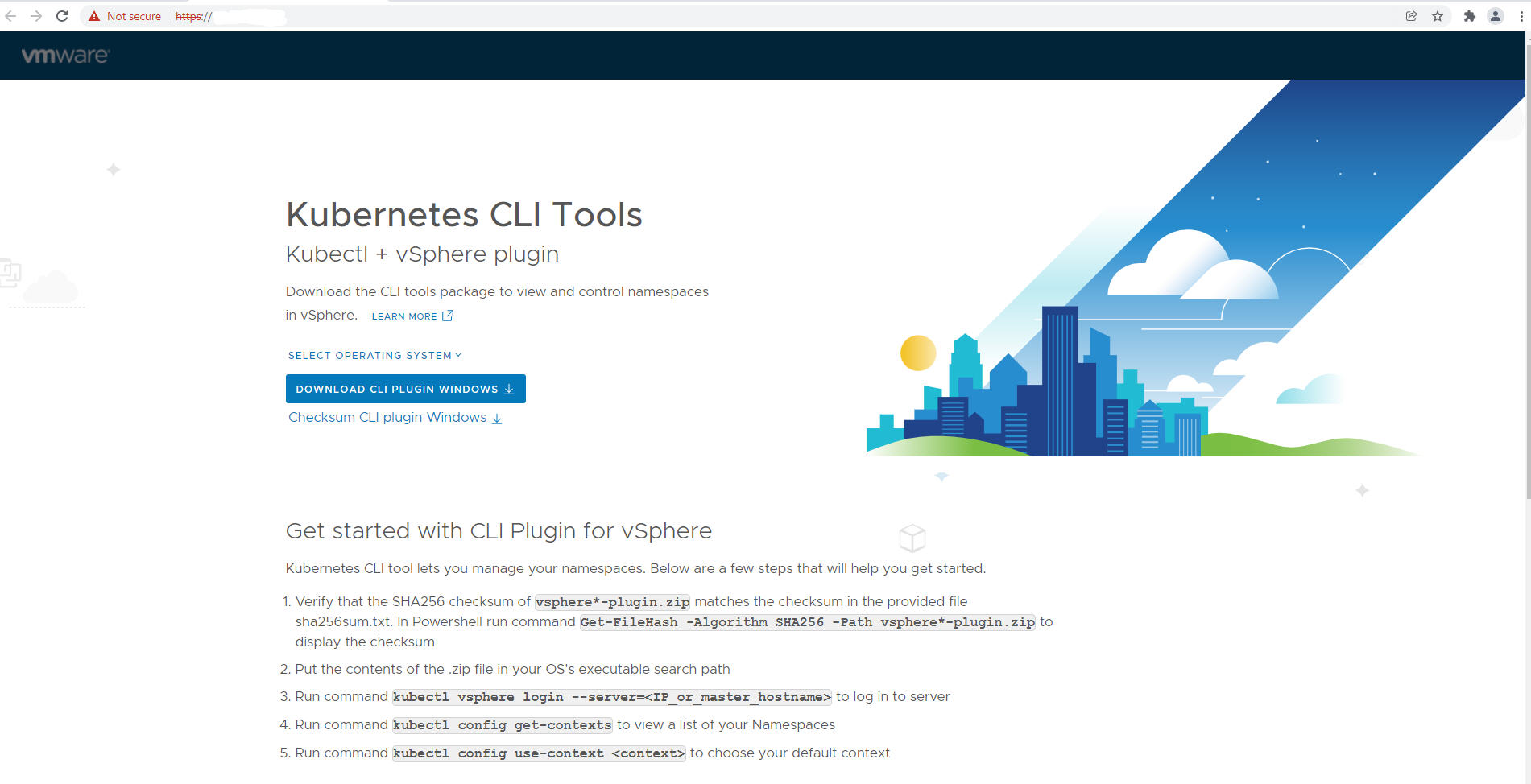 vSphere with Tanzu DevOps user interface displays options to download the CLI tools package to view and control namespaces in vSphere.