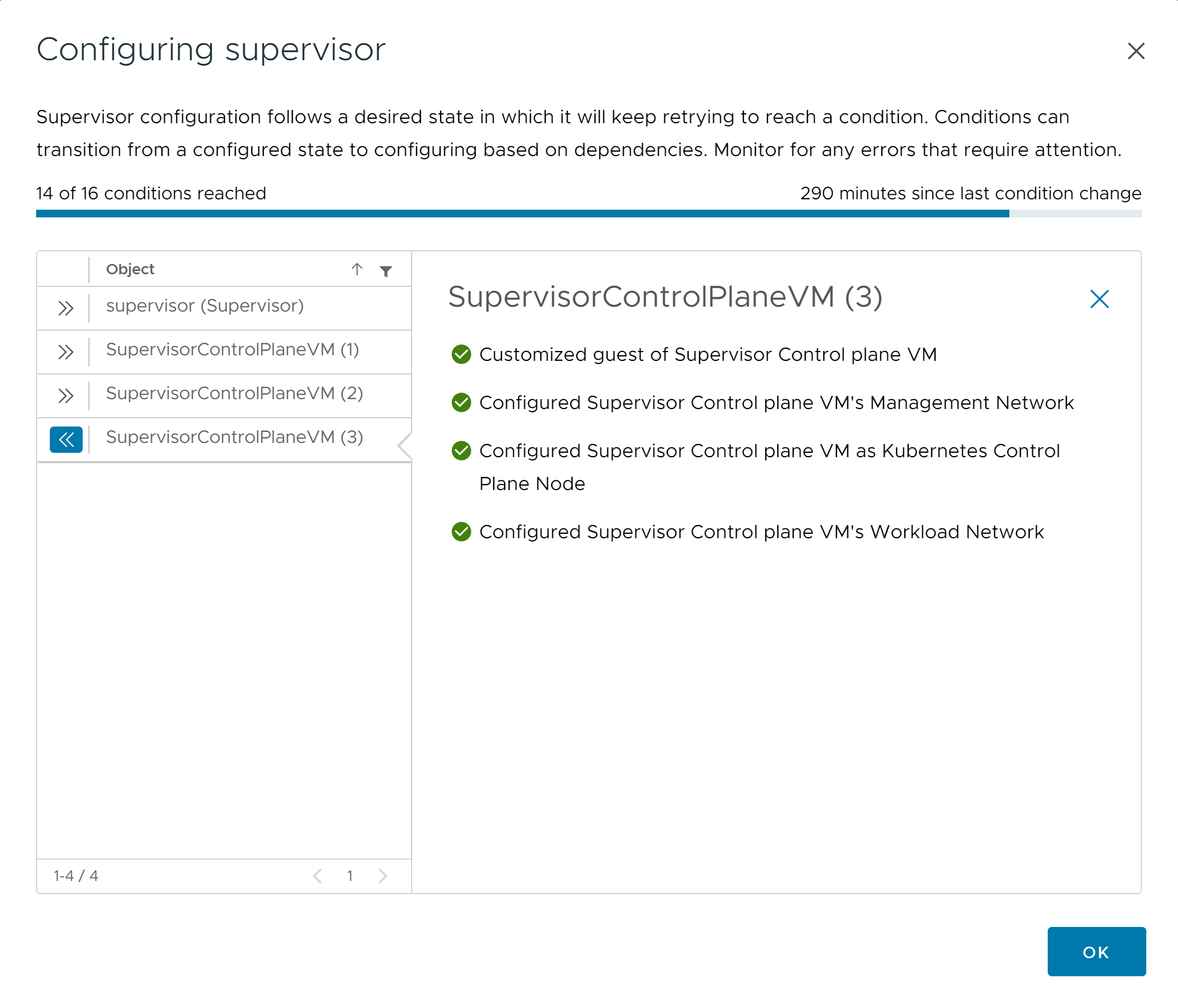 The Supervisor enablement view displays the conditions in the enablement process and the respective status.