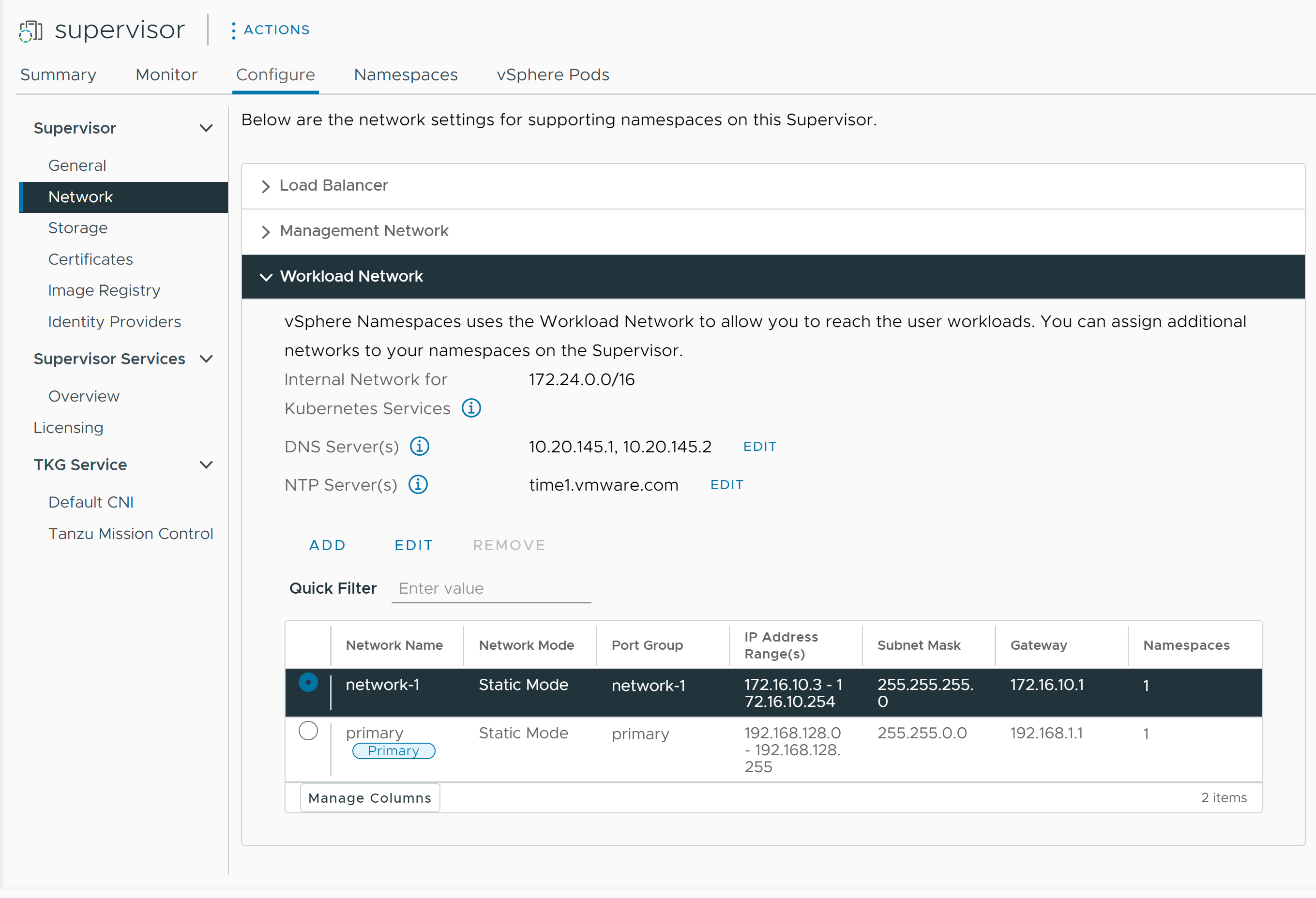 Workload Network settings view on a Supervisor configured with VDS networking