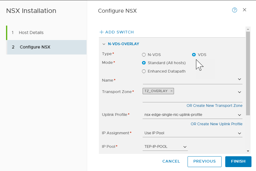 NSX Configuration settings window showing the options that you configured.