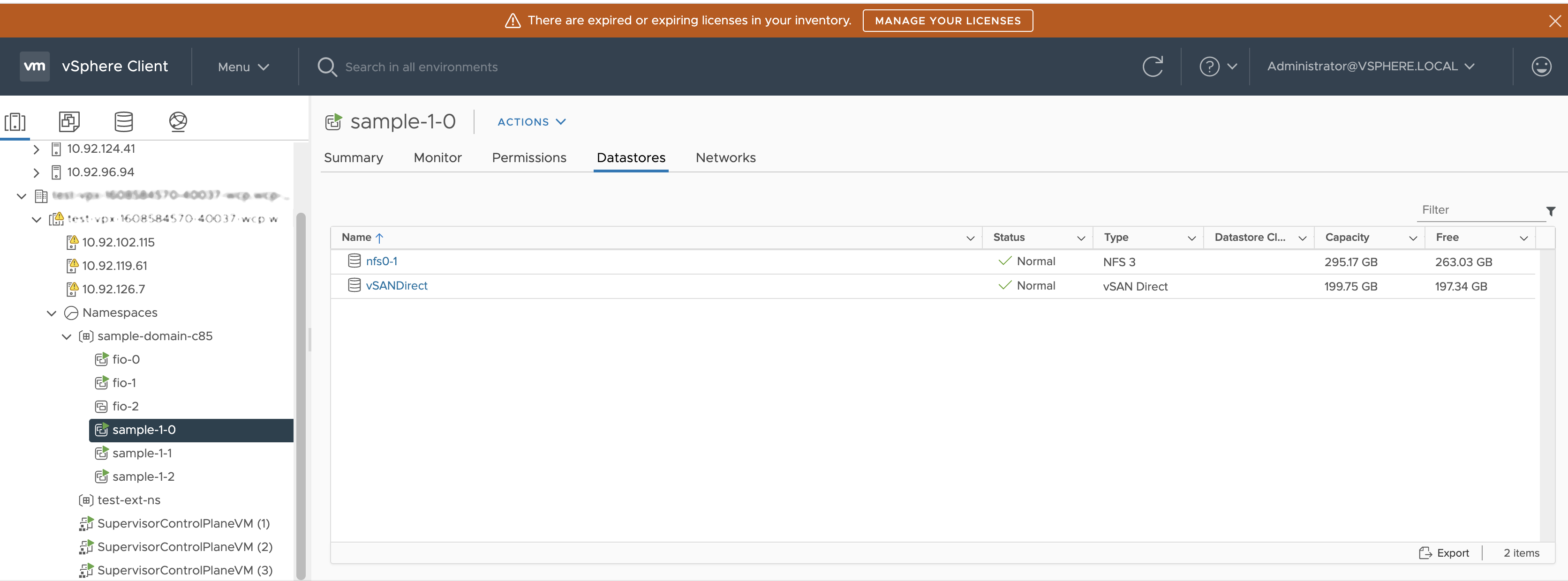 The setup includes external NFS storage and a vSAN Direct datastore