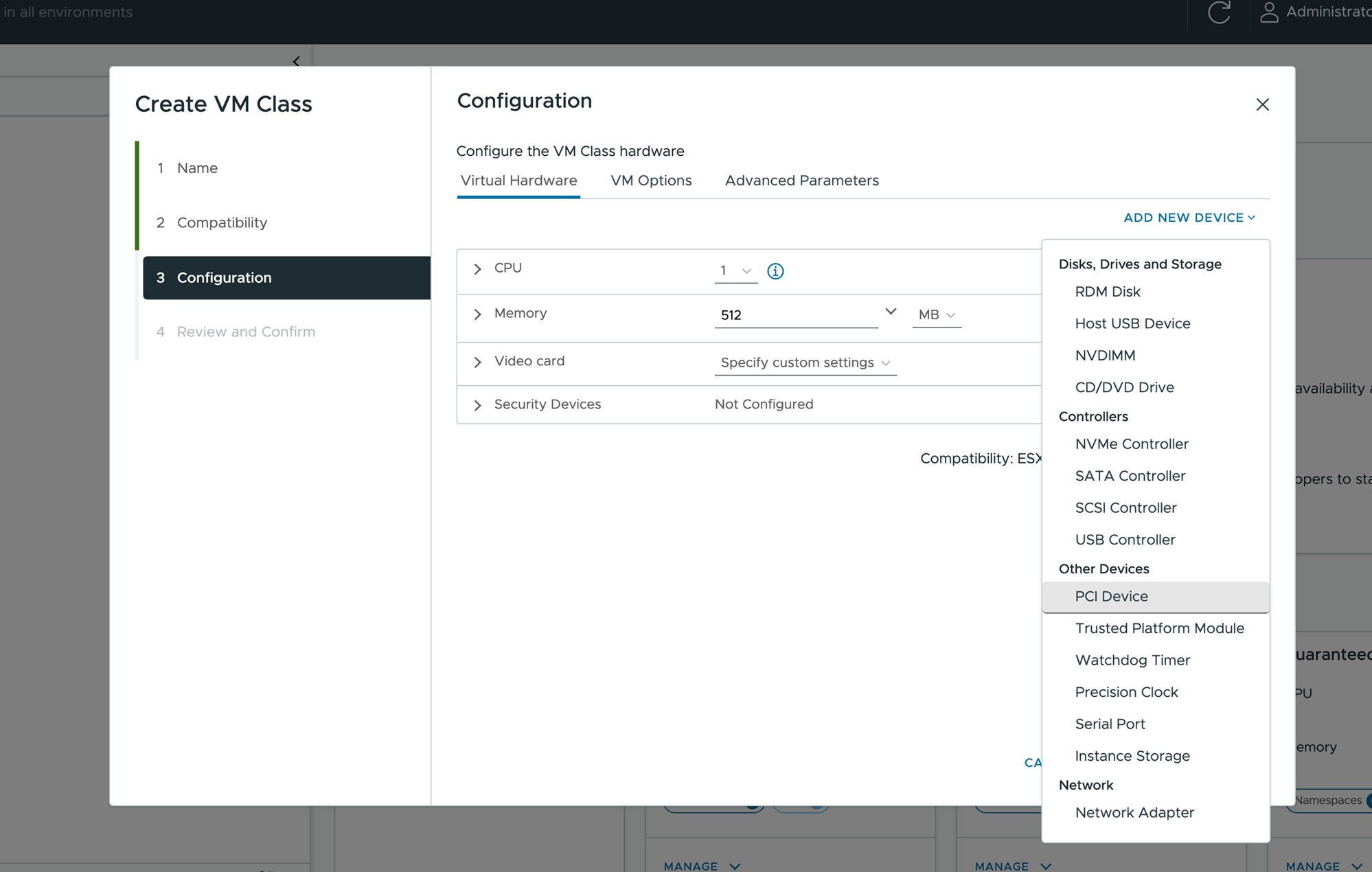 PCI Device option in the Add New Device menu