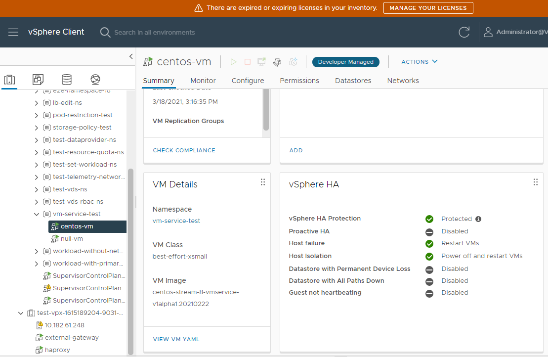 Additional details such as the VM class and VM image, as well as the namespace, where the VM runs