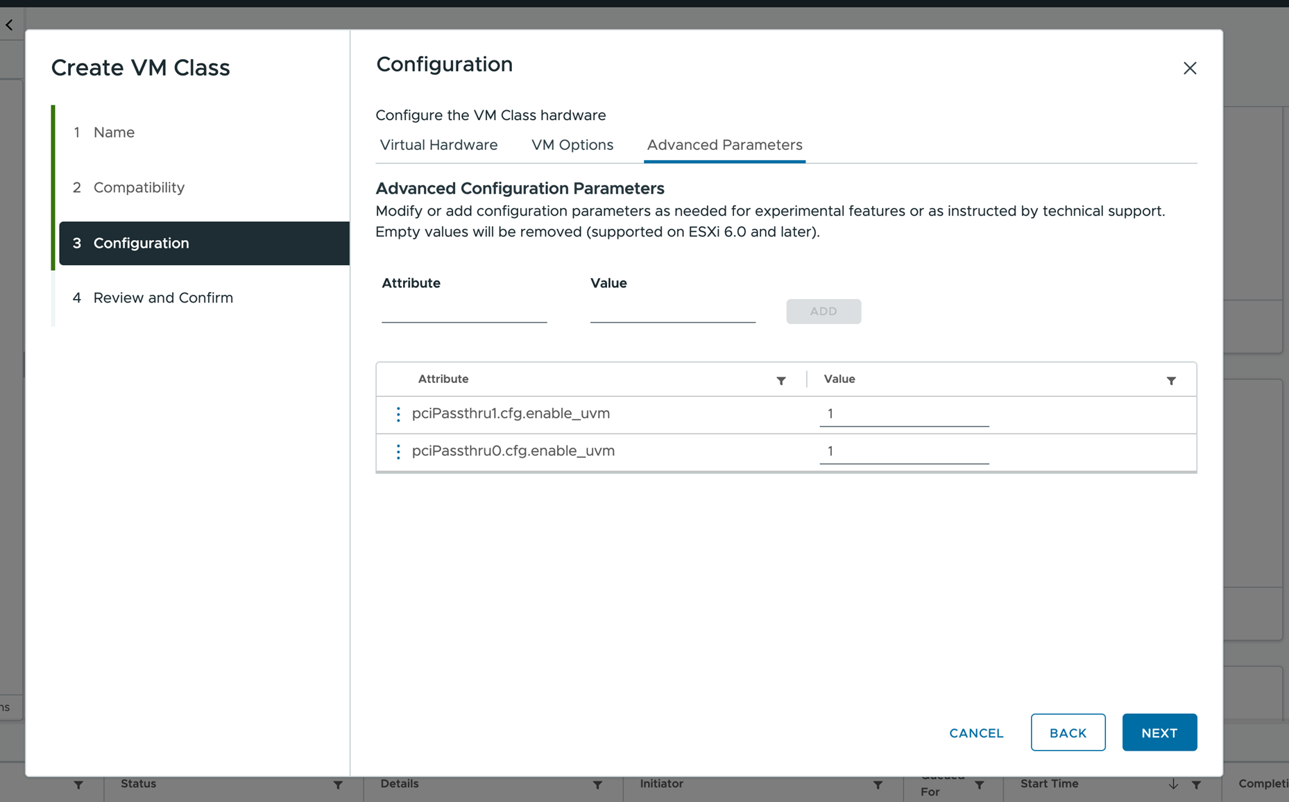 Adding attributes and values for advanced parameters