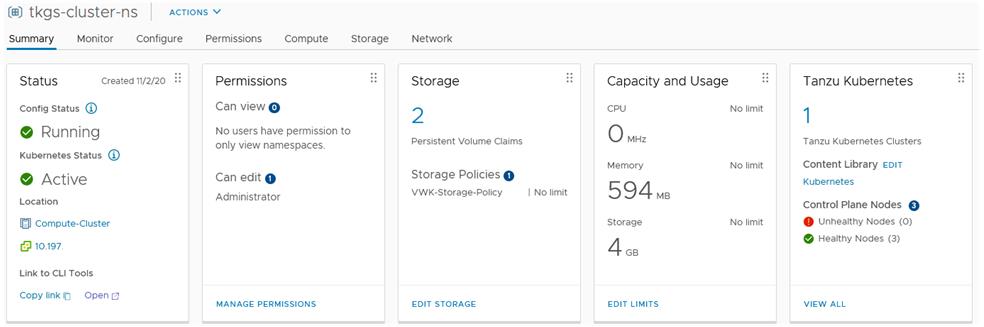 The Summary tab of the vSphere Namespace object.