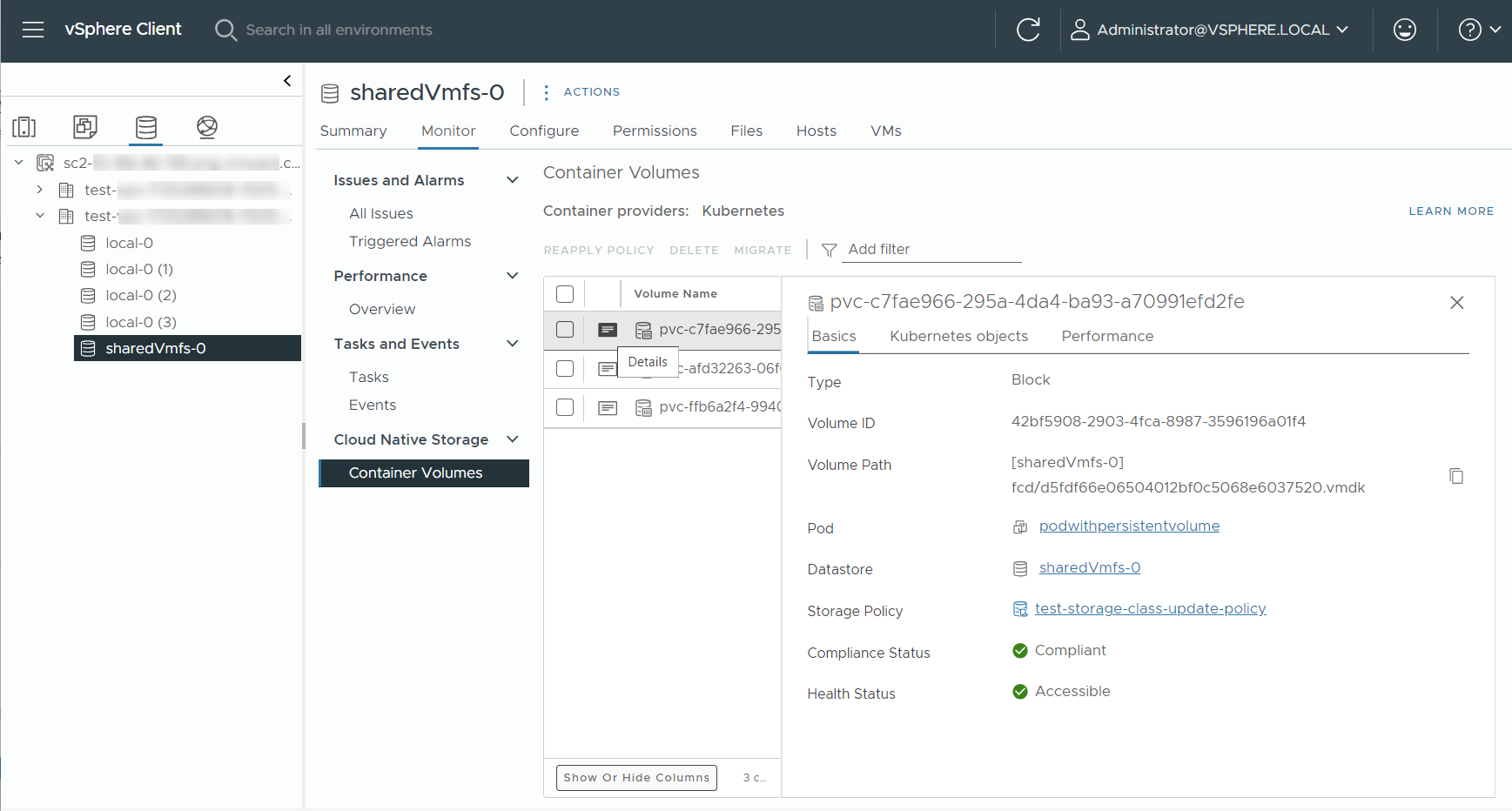 Basics tab displays such details as the pod, datastore, and storage policy related to the persistent volume