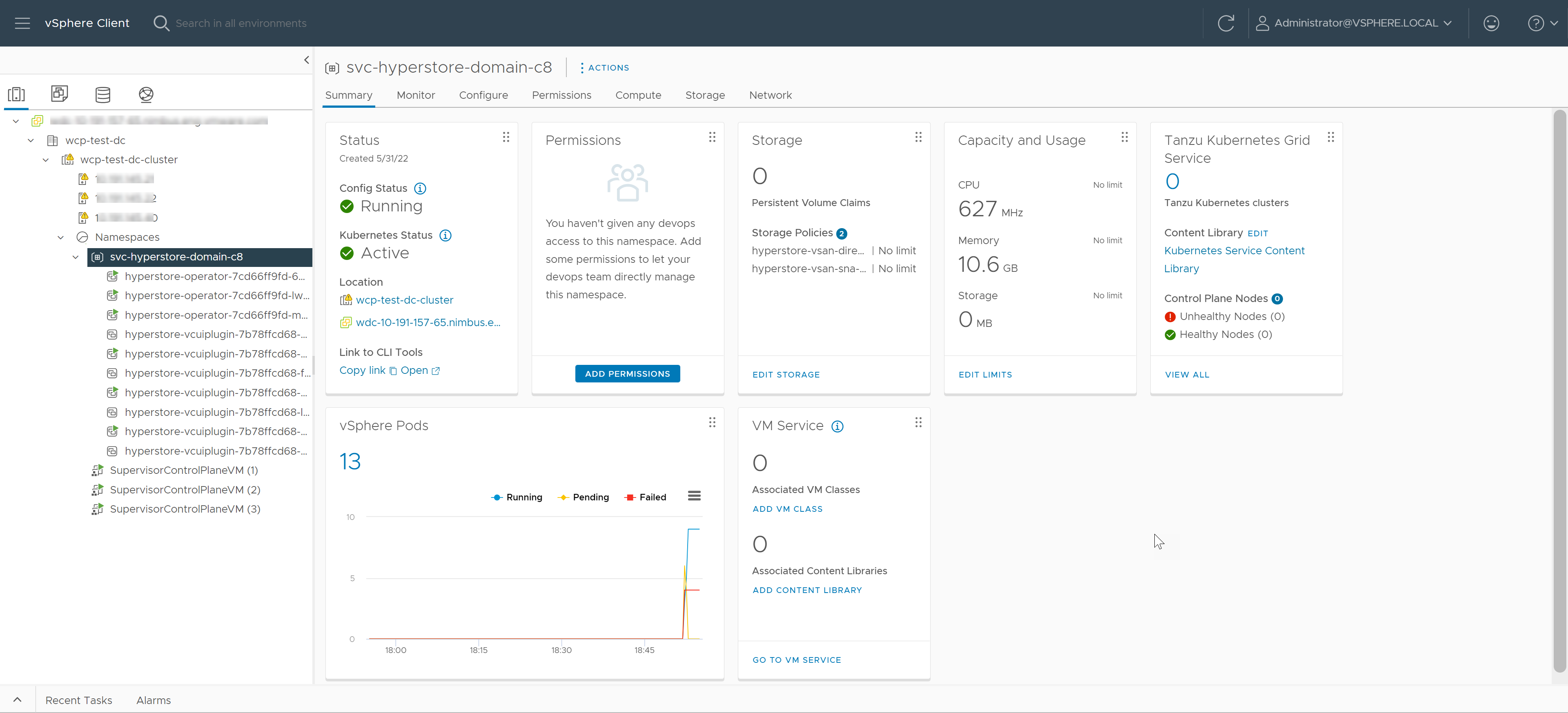 The Summary page shows storage policies assigned to the namespace, the vSphere Pods running on the namespace, and so on.