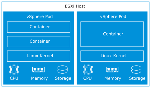 ESXi host containing two vSphere Pod boxes. Each vSphere Pod has containers running inside of it, a Linux kernel, memory, CPU, and storage resources.