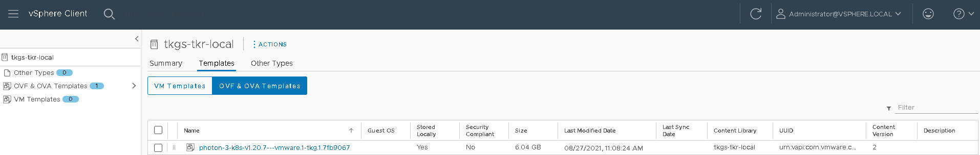 The OVF & OVA Templates tab of the local content library lists the Tanzu Kubernetes release metadata.