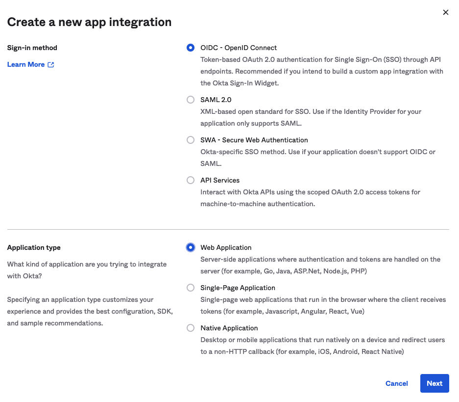 Okta Sign-On Method and Application Type