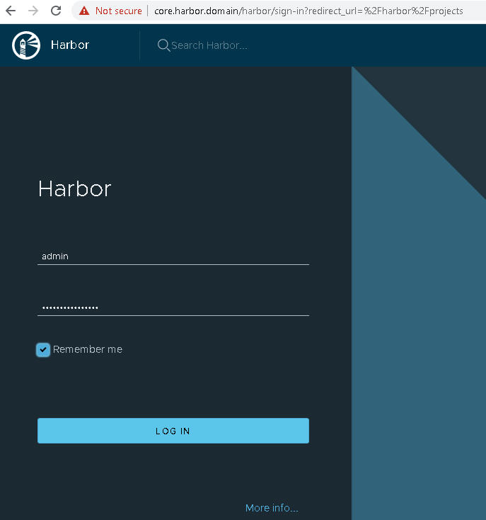 The Harbor login page with the username admin and generated password.