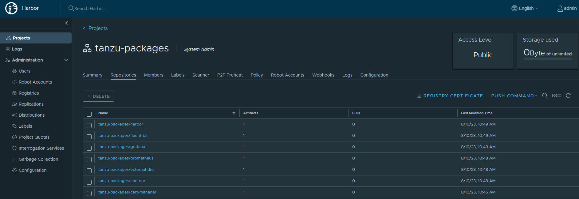 Tanzu Standard Packages in Private Harbor Registry